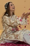 Rachit Khanna_Beige Chanderi Cotton Lace, Embroidery V-neck Gold Straight Kurta And Pant Set _at_Aza_Fashions