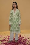 Buy_Rachit Khanna_Green Cotton, Lace, Embroidery V-neck Sage Kurta Set _at_Aza_Fashions
