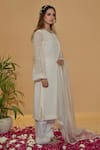 Rachit Khanna_White Chanderi Cotton, Organza Pearls, Lace Keyhole Neck Straight Kurta Set _Online_at_Aza_Fashions