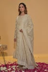 Rachit Khanna_Beige Chanderi Cotton Embroidery, Lace, Pearls Round Neck Khakhi Work Kurta Set _Online_at_Aza_Fashions