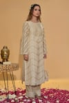 Shop_Rachit Khanna_Beige Chanderi Cotton Embroidery, Lace, Pearls Round Neck Khakhi Work Kurta Set _Online_at_Aza_Fashions