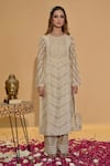 Rachit Khanna_Beige Chanderi Cotton Embroidery, Lace, Pearls Round Neck Khakhi Work Kurta Set _at_Aza_Fashions
