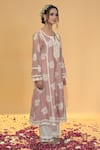 Rachit Khanna_Rose Gold Chanderi Cotton, Cotton, Organza Lace, Dark Aline Kurta Set _Online_at_Aza_Fashions