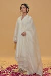 Shop_Rachit Khanna_White Chanderi Cotton, Organza Lace V-neck Pintucks Kurta Set _at_Aza_Fashions