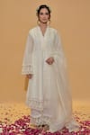 Buy_Rachit Khanna_White Chanderi Cotton, Organza Lace V-neck Pintucks Kurta Set _at_Aza_Fashions