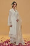 Shop_Rachit Khanna_White Chanderi Cotton, Organza Lace V-neck Pintucks Kurta Set _Online_at_Aza_Fashions