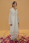 Buy_Rachit Khanna_White Chanderi Cotton, Organza Lace V-neck Pintucks Kurta Set 