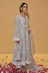 Shop_Rachit Khanna_Gray Chanderi Cotton, Organza Lace Round Light Grey Embroidered Anarkali Suit _Online_at_Aza_Fashions