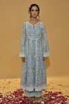 Buy_Rachit Khanna_Blue Chanderi Cotton, Organza Lace, Embroidery Round Cerulean Anarkali Suit 