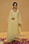 Buy_Rachit Khanna_Yellow Cotton, Kota Doria Lace V-neck Angrakha Anarkali Set _at_Aza_Fashions