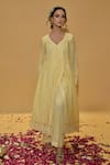 Shop_Rachit Khanna_Yellow Cotton, Kota Doria Lace V-neck Angrakha Anarkali Set _Online_at_Aza_Fashions