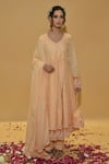 Buy_Rachit Khanna_Peach Cotton, Kota Doria Lace Round Neck Angrakha Anarkali Set _at_Aza_Fashions