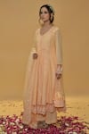 Shop_Rachit Khanna_Peach Cotton, Kota Doria Lace Round Neck Angrakha Anarkali Set _Online_at_Aza_Fashions