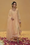 Rachit Khanna_Peach Cotton, Kota Doria Lace Round Neck Angrakha Anarkali Set _at_Aza_Fashions