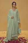 Buy_Rachit Khanna_Green Cotton, Kota Doria Lace V-neck Sage Angrakha Anarkali Set _at_Aza_Fashions