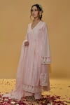 Shop_Rachit Khanna_Pink Cotton, Kota Doria Lace V-neck Angrakha Anarkali Set _Online_at_Aza_Fashions