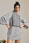 MAISOLOS_Ivory Cotton Embroidery Mandarin Collar And Black Striped Designer Dress _Online_at_Aza_Fashions