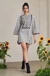 Buy_MAISOLOS_Ivory Cotton Embroidery Mandarin Collar And Black Striped Designer Dress _at_Aza_Fashions