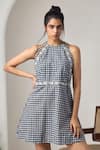 MAISOLOS_Black Cotton Lace Halter Neck And White Gingham Designer Dress _Online_at_Aza_Fashions