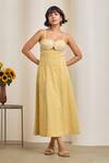 Buy_MAISOLOS_Yellow Cotton Embroidery Sweetheart Neck Gingham Midi Dress _at_Aza_Fashions