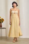 MAISOLOS_Yellow Cotton Embroidery Sweetheart Neck Gingham Midi Dress _Online_at_Aza_Fashions
