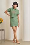 Buy_MAISOLOS_Green Cotton, Linen Embroidery Collared Sage Shirt And Skirt Set _at_Aza_Fashions