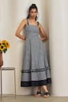 Buy_MAISOLOS_Black Cotton Ruffles Square Neck And White Gingham Midi Dress _at_Aza_Fashions