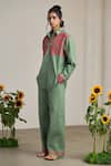 MAISOLOS_Green Cotton, Linen Embroidery Collared Sage Designer Shirt And Pant Set _Online_at_Aza_Fashions