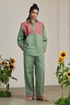 Buy_MAISOLOS_Green Cotton, Linen Embroidery Collared Sage Designer Shirt And Pant Set _at_Aza_Fashions