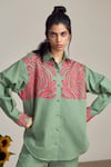 Shop_MAISOLOS_Green Cotton, Linen Embroidery Collared Sage Designer Shirt And Pant Set _Online_at_Aza_Fashions