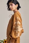 MAISOLOS_Brown Cotton, Linen Embroidery Round Neck Designer Blouse _Online_at_Aza_Fashions