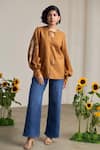 Buy_MAISOLOS_Brown Cotton, Linen Embroidery Round Neck Designer Blouse _Online_at_Aza_Fashions