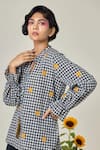 MAISOLOS_Multi Color Cotton Embroidery Keyhole Neck Black And White Checks Top _Online_at_Aza_Fashions