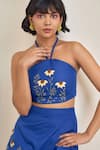MAISOLOS_Blue Cotton, Linen Embroidery Halter Neck Floral Top And Skorts Set _Online_at_Aza_Fashions