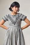 MAISOLOS_Ivory Cotton Embroidery Round Neck And Black Striped Midi Dress _Online_at_Aza_Fashions