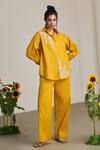 MAISOLOS_Mustard Cotton, Linen Embroidery Collared Pant Set _Online_at_Aza_Fashions