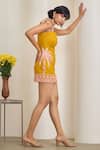 MAISOLOS_Mustard Cotton, Linen Embroidery Square Neck Short Dress _Online_at_Aza_Fashions
