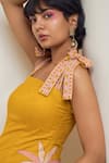 Buy_MAISOLOS_Mustard Cotton, Linen Embroidery Square Neck Short Dress _Online_at_Aza_Fashions