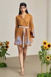 MAISOLOS_Brown Cotton, Linen Embroidery Button-down Neck Short Dress _Online_at_Aza_Fashions
