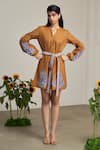 Buy_MAISOLOS_Brown Cotton, Linen Embroidery Button-down Neck Short Dress _Online_at_Aza_Fashions
