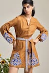 Shop_MAISOLOS_Brown Cotton, Linen Embroidery Button-down Neck Short Dress _Online_at_Aza_Fashions
