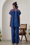 Shop_MAISOLOS_Navy Linen Embroidery Mandarin Collar Blue Jute Pant Set _at_Aza_Fashions