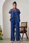 Buy_MAISOLOS_Navy Linen Embroidery Mandarin Collar Blue Jute Pant Set _at_Aza_Fashions