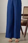 Shop_MAISOLOS_Navy Linen Embroidery Mandarin Collar Blue Jute Pant Set _Online_at_Aza_Fashions
