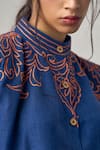 MAISOLOS_Navy Linen Embroidery Mandarin Collar Blue Jute Pant Set _at_Aza_Fashions