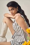 Shop_Maisolos_Ivory Cotton V-neck And Black Striped Waistcoat & Shorts Set _Online_at_Aza_Fashions