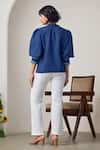 Shop_MAISOLOS_Navy Linen Embroidery Round Neck Blue Designer Top _at_Aza_Fashions