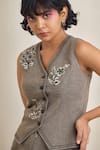 Buy_MAISOLOS_Gray Cotton Embroidery V-neck Grey Floral Waistcoat And Shorts Set _Online_at_Aza_Fashions