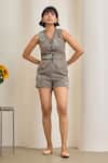 Buy_MAISOLOS_Gray Cotton Embroidery V-neck Grey Floral Waistcoat And Shorts Set _at_Aza_Fashions