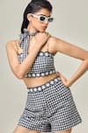 MAISOLOS_Black Cotton Square Neck And White Gingham Top & Shorts Set _at_Aza_Fashions